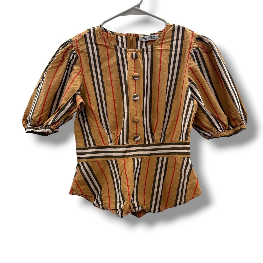 Burberry London House Check Stripe Peplum Top Womens S Puff Sleeve Cotton
